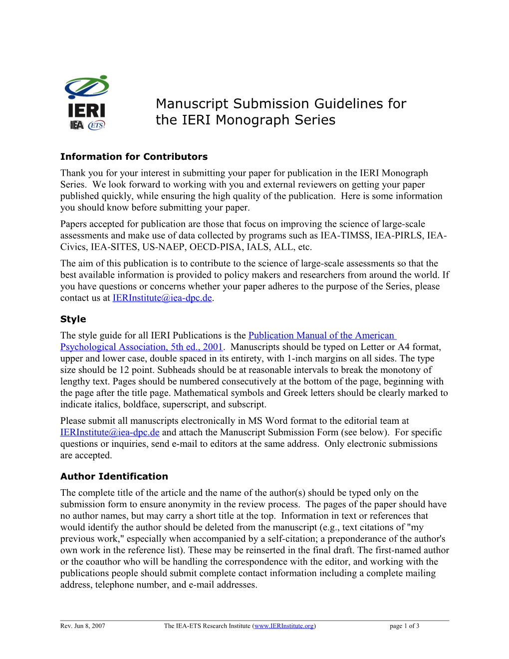 Manuscript Submission Guidelines for the IERI Monograph Series