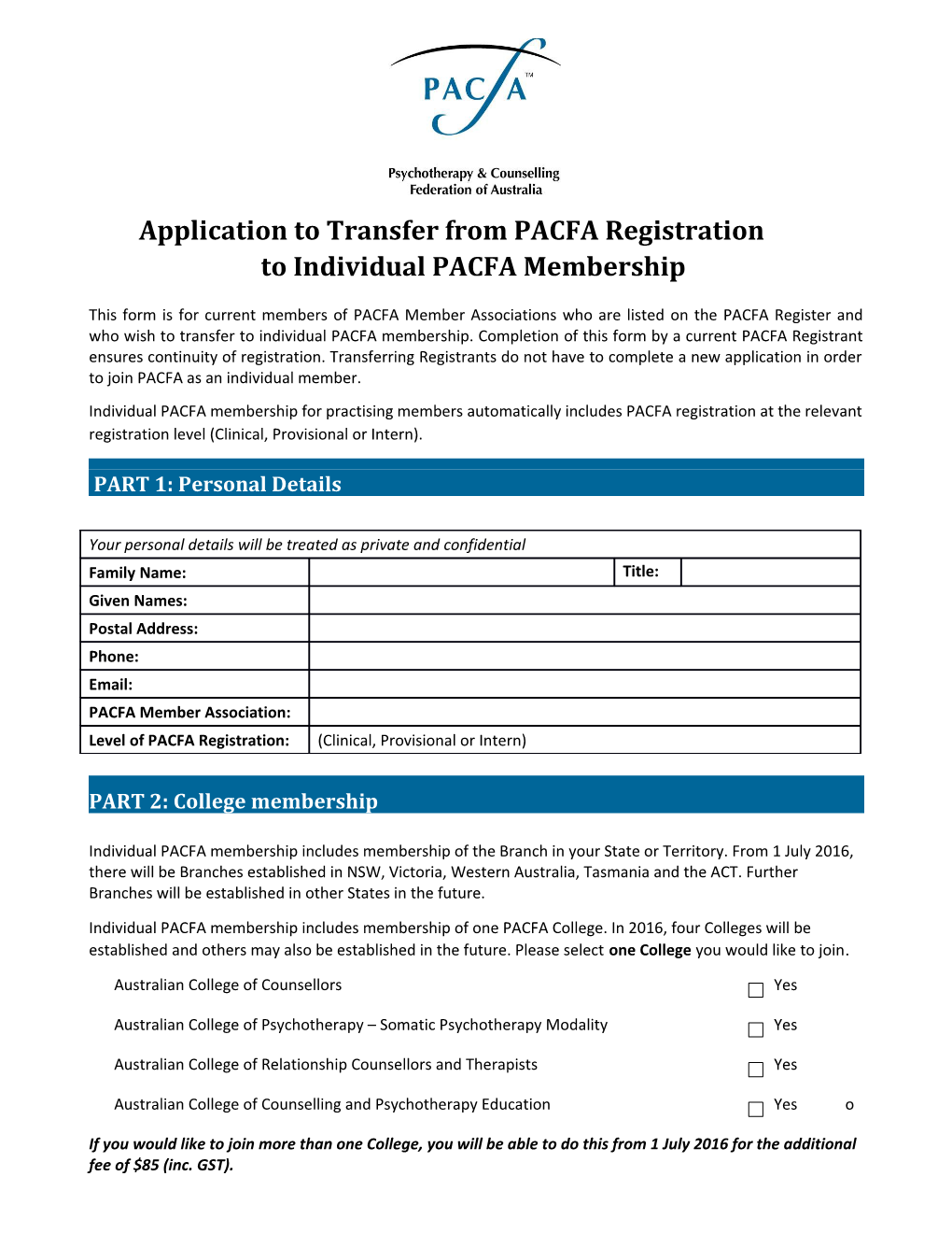 Application to Transfer from PACFA Registration