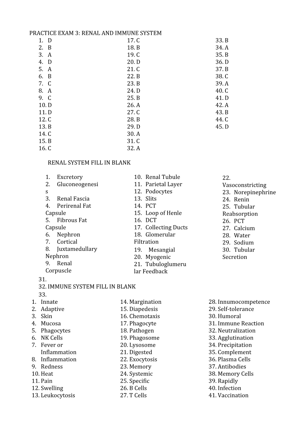 Practice Exam 3: Renal and Immune System