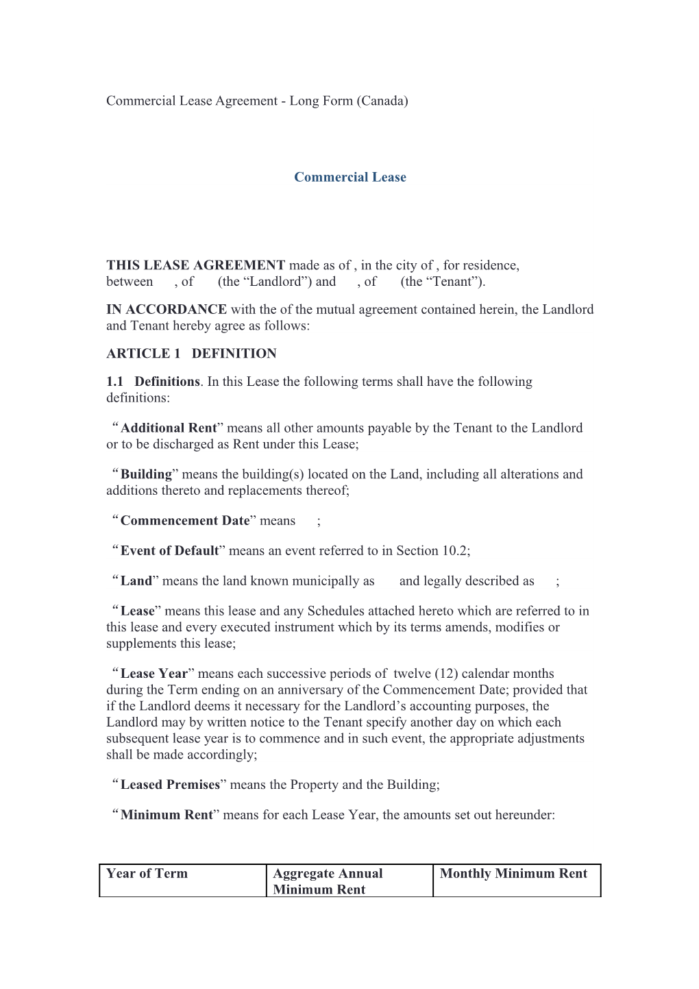 Commercial Lease Agreement - Long Form (Canada)