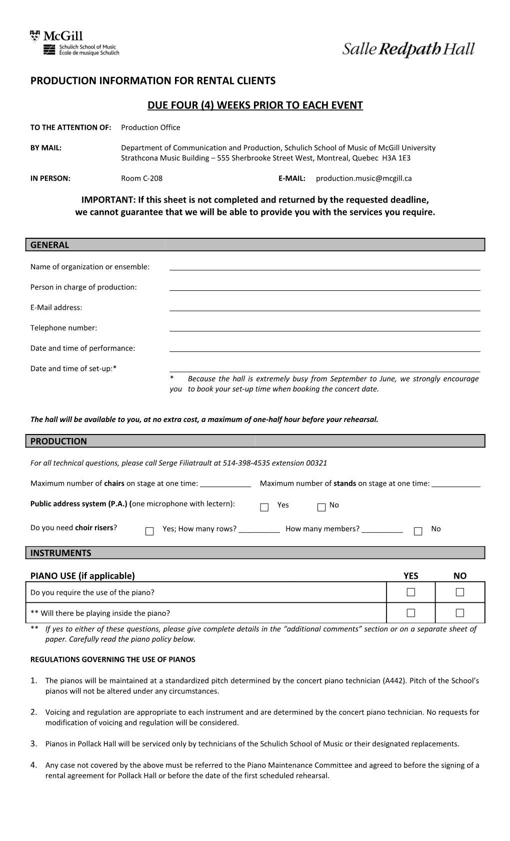 Production Information for Rental Clients