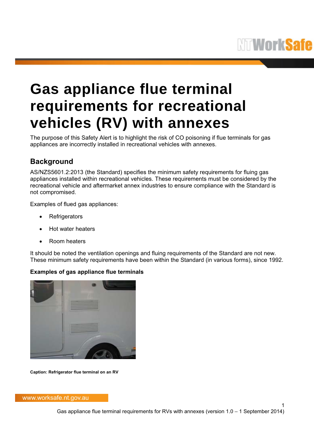 Safety Alert - Gas Appliance Flue Terminal Requirements for Recreational Vehicles (RV)