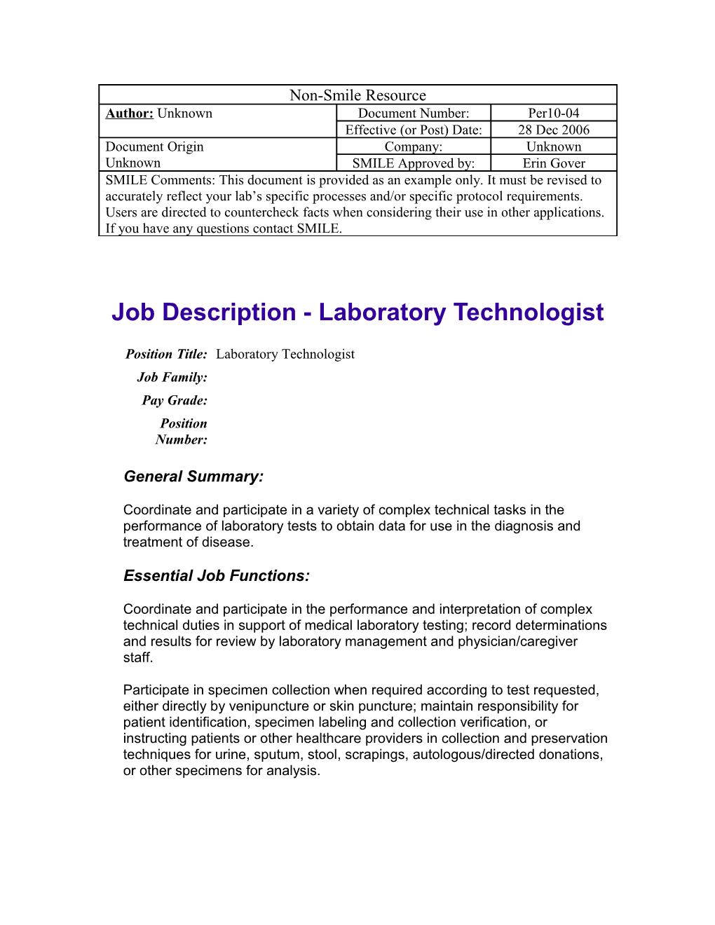 Job Description - Laboratory Technician