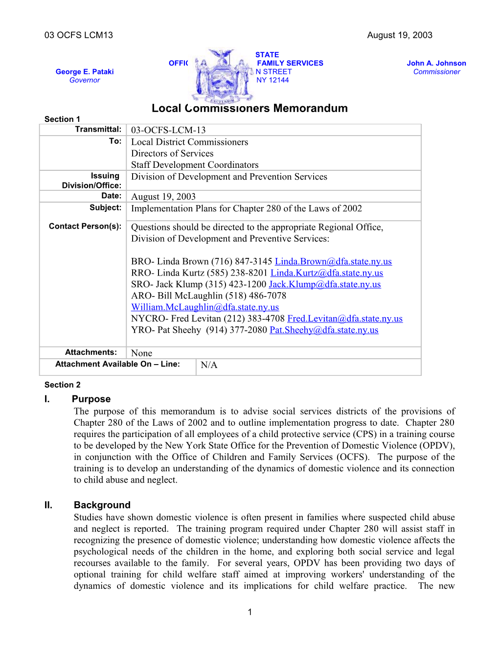 Implementation Plans for Chapter 280 of the Laws of 2002