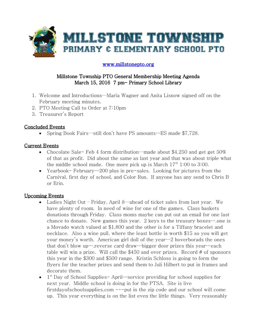 Millstone Township PTO General Membership Meeting Agenda