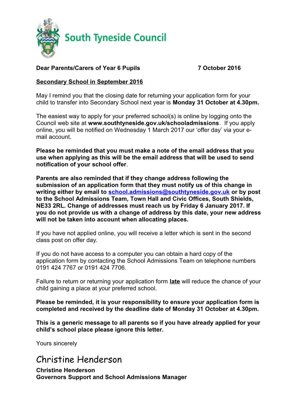 Dear Parents/Carers of Year 6 Pupils 7 October 2016