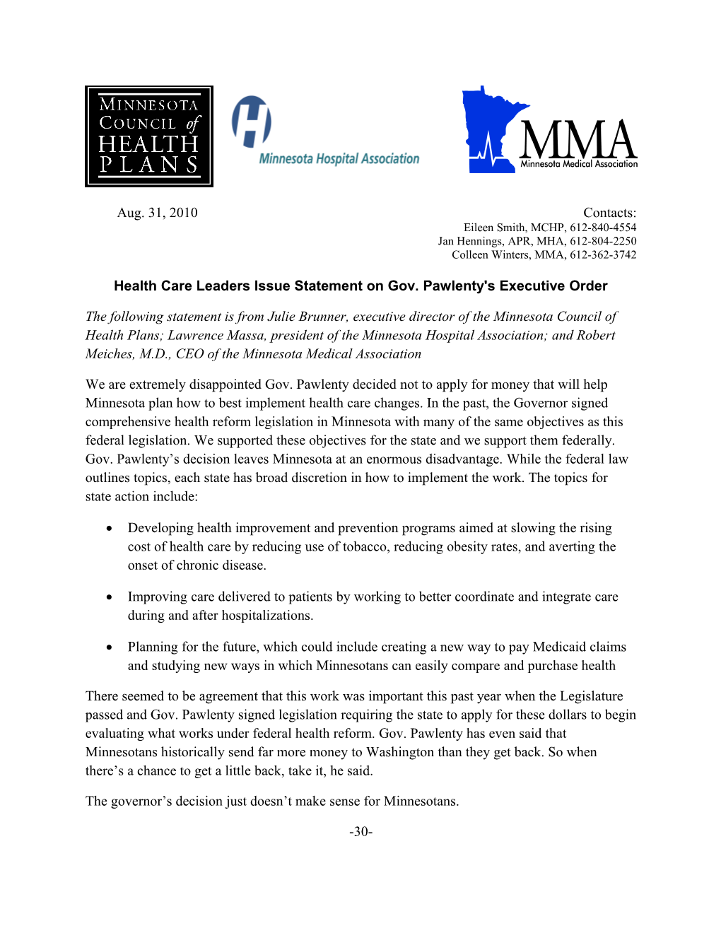 Health Care Leaders Issue Statement on Gov. Pawlenty's Executive Order