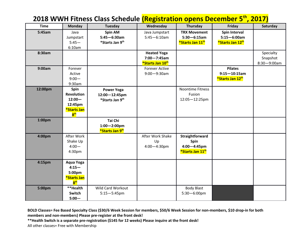 2018 WWH Fitness Class Schedule (Registration Opens December 5Th, 2017)