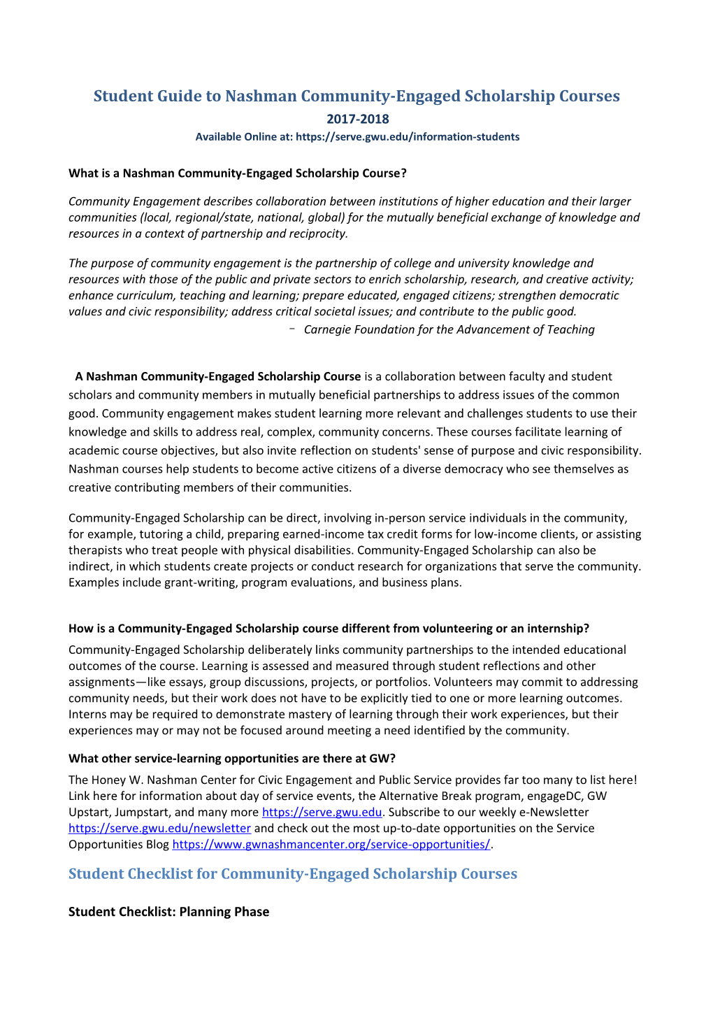 Student Guide to Nashman Community-Engaged Scholarship Courses