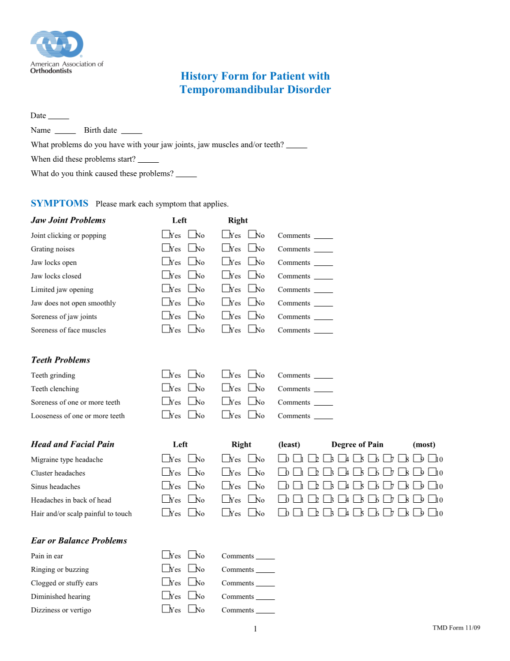 TMJ Patient History Form