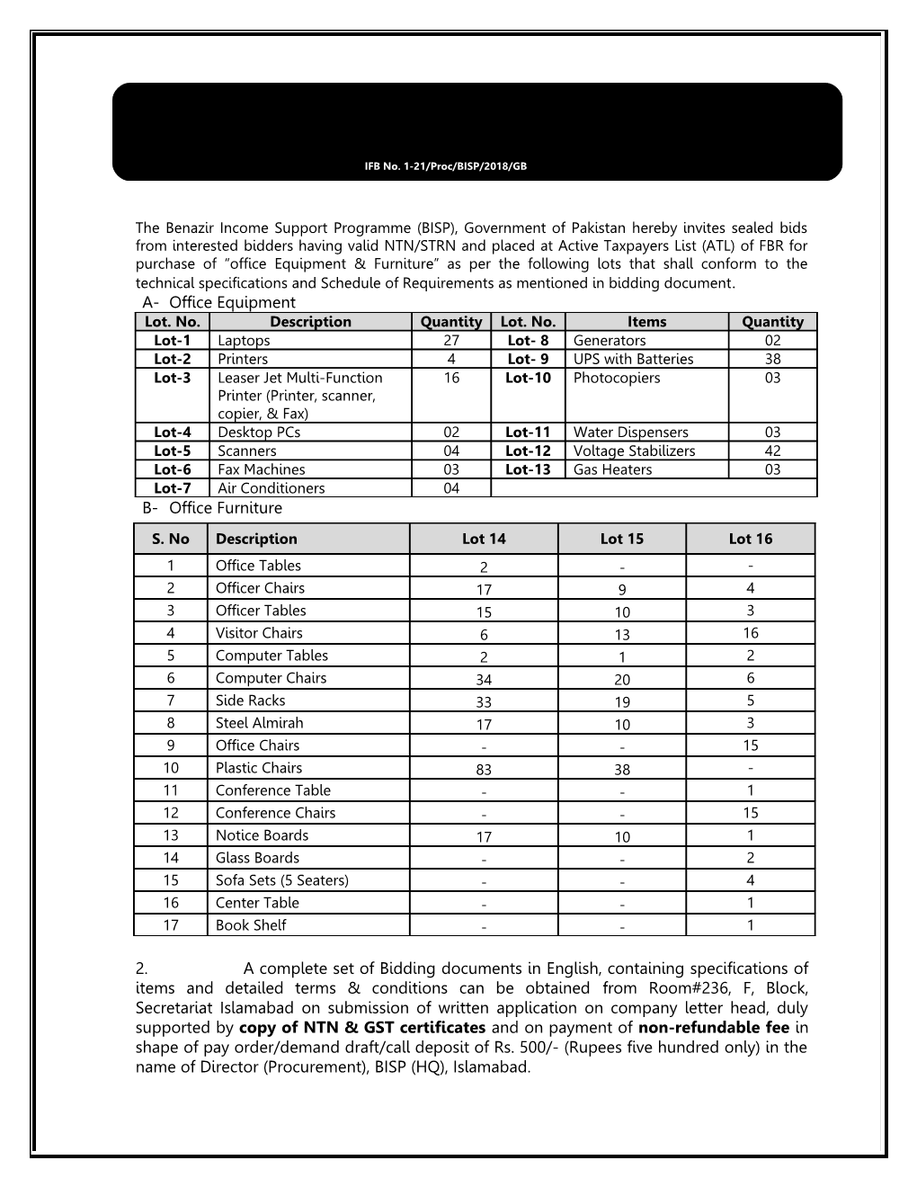 The Benazir Income Support Programme (BISP), Government of Pakistan Hereby Invites Sealed