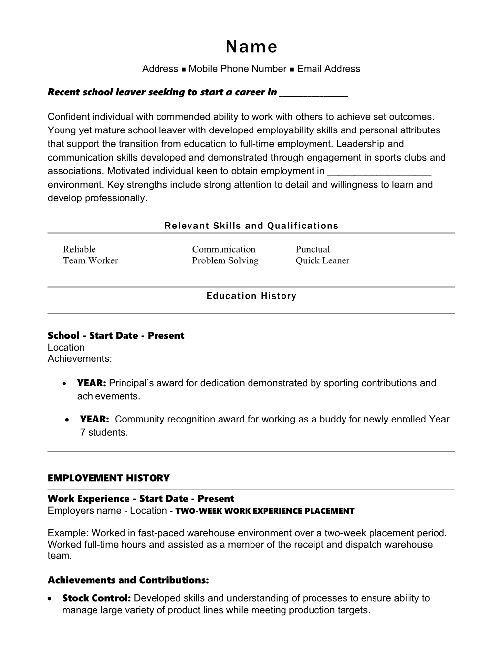 Sample Resume for a Construction/Carpenter's Assistant