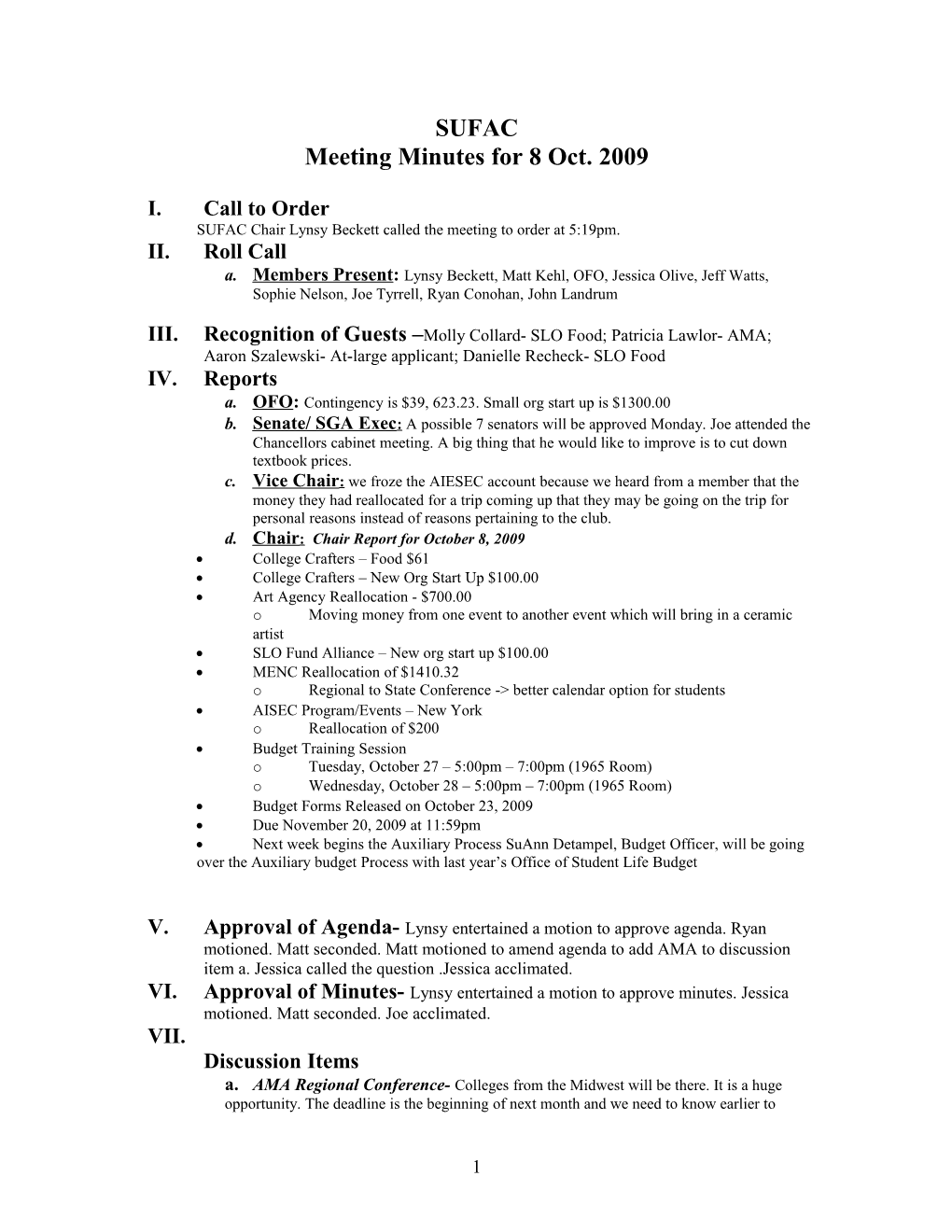 Meeting Minutes for 8Oct. 2009