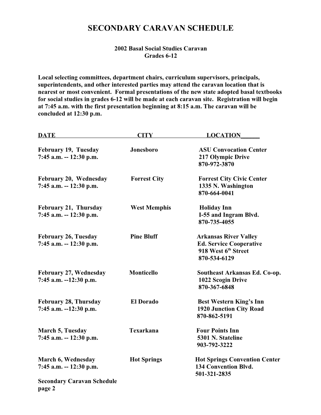 Secondary Caravan Schedule