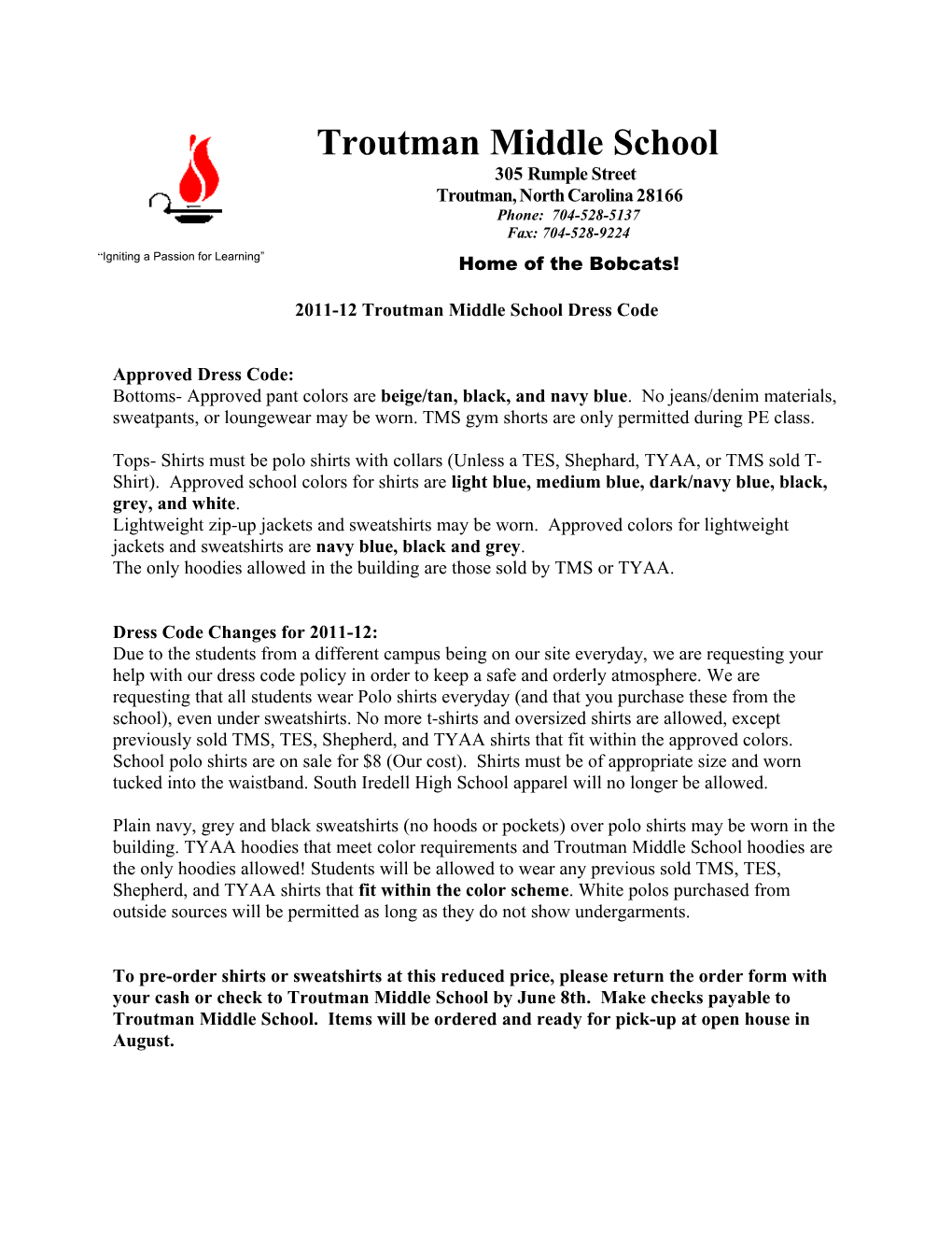 2011-12 Troutman Middle School Dress Code