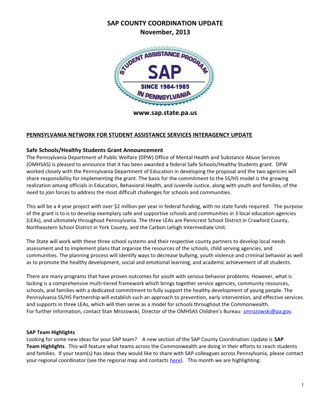 Sap County Coordination Update