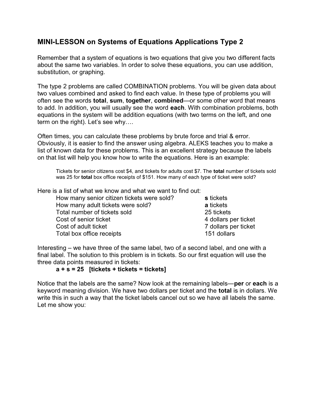 MINI-LESSON on Systems of Equations Applications Type 1