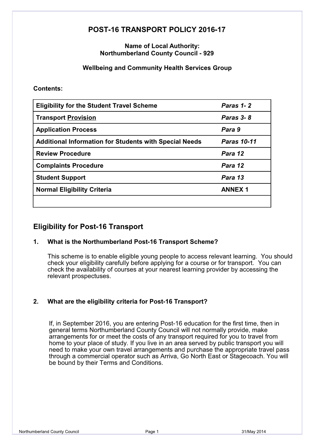 POST 16 Home to School Transport Policy 2012-13
