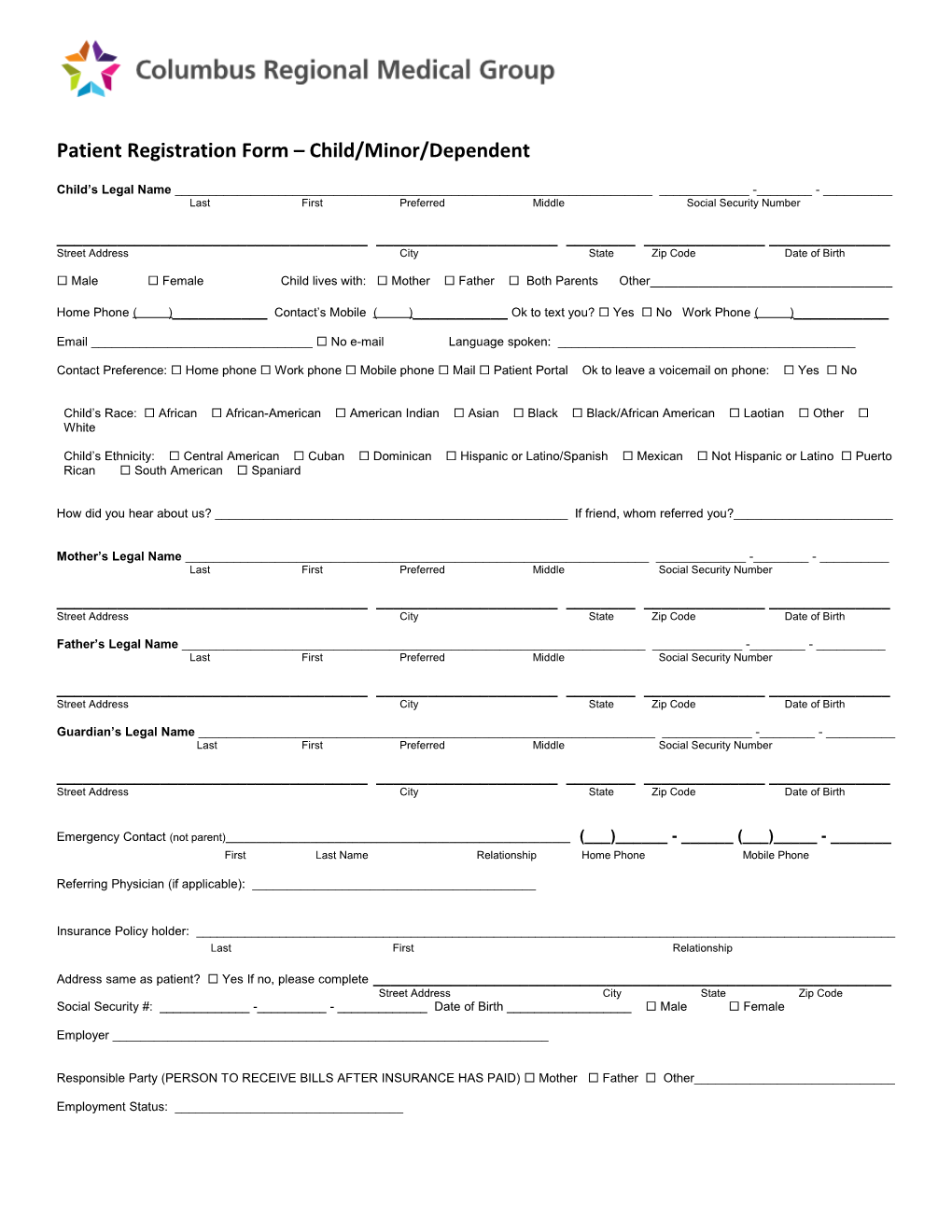 Patient Registration Form Child/Minor/Dependent