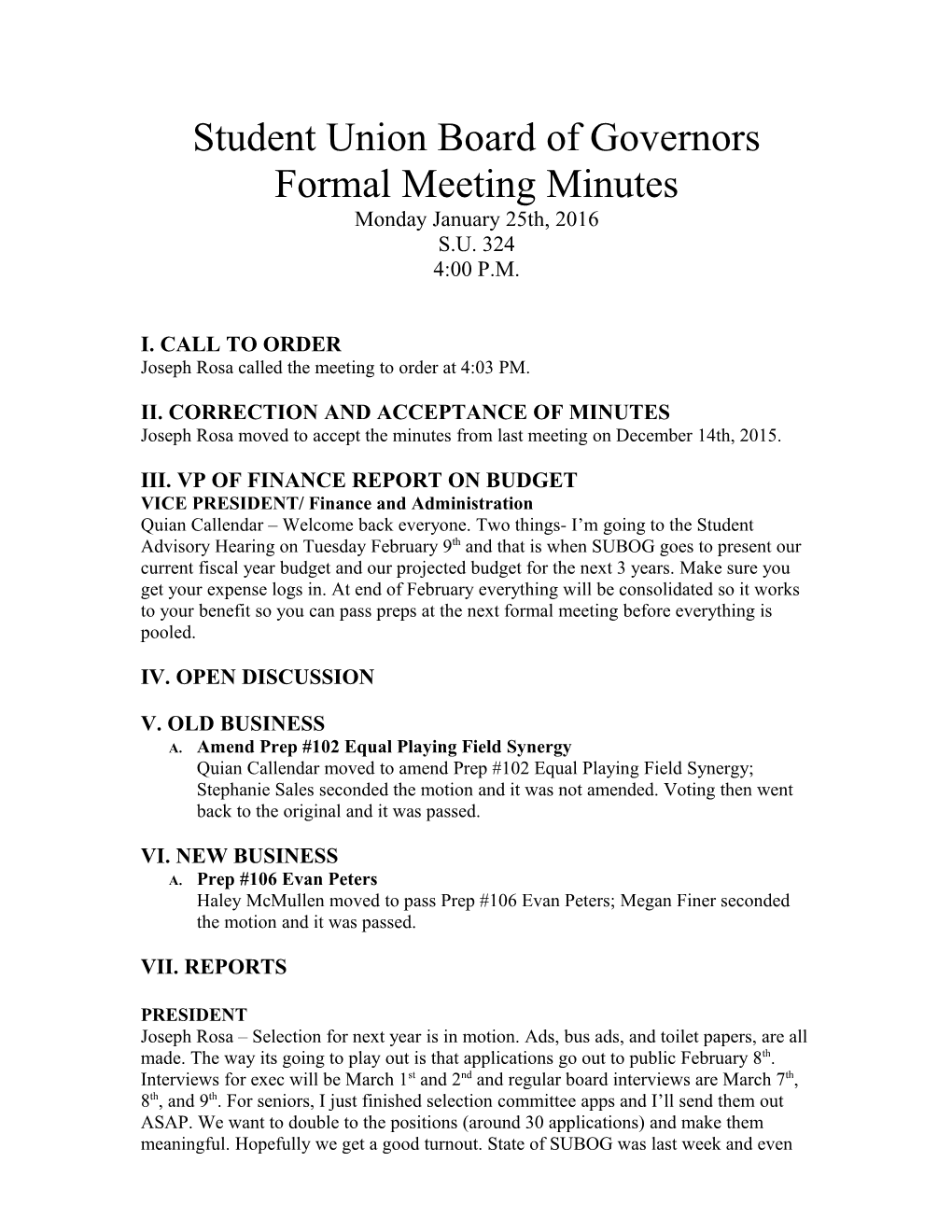 Student Union Board of Governors Formal Meeting Minutes