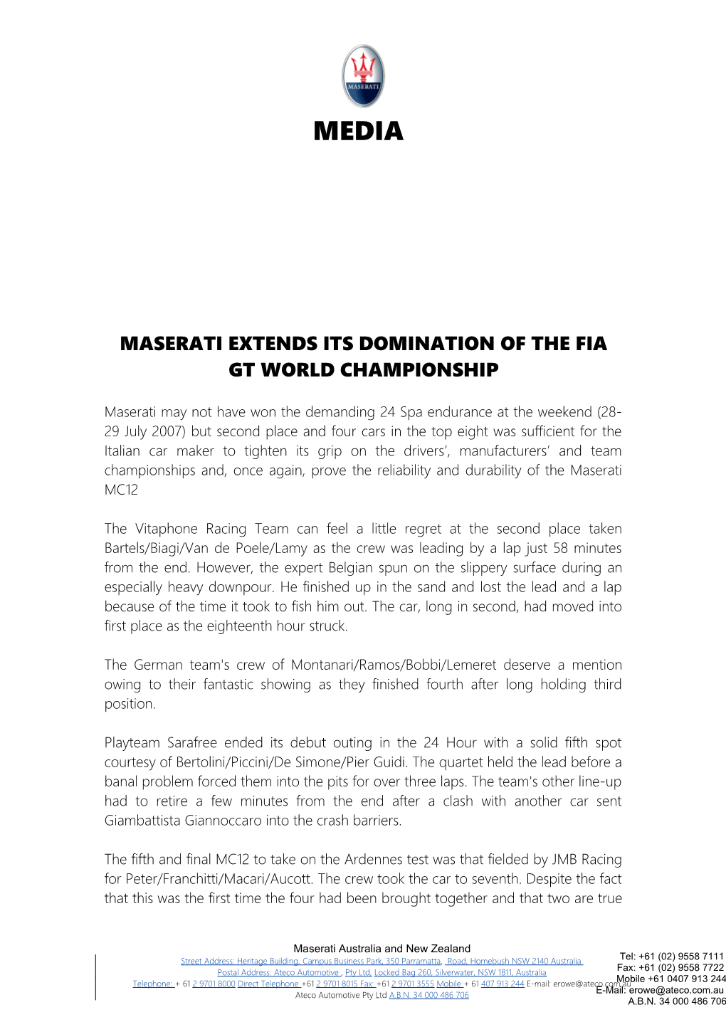 Maserati Extends Its Domination of the Fia Gt World Championship