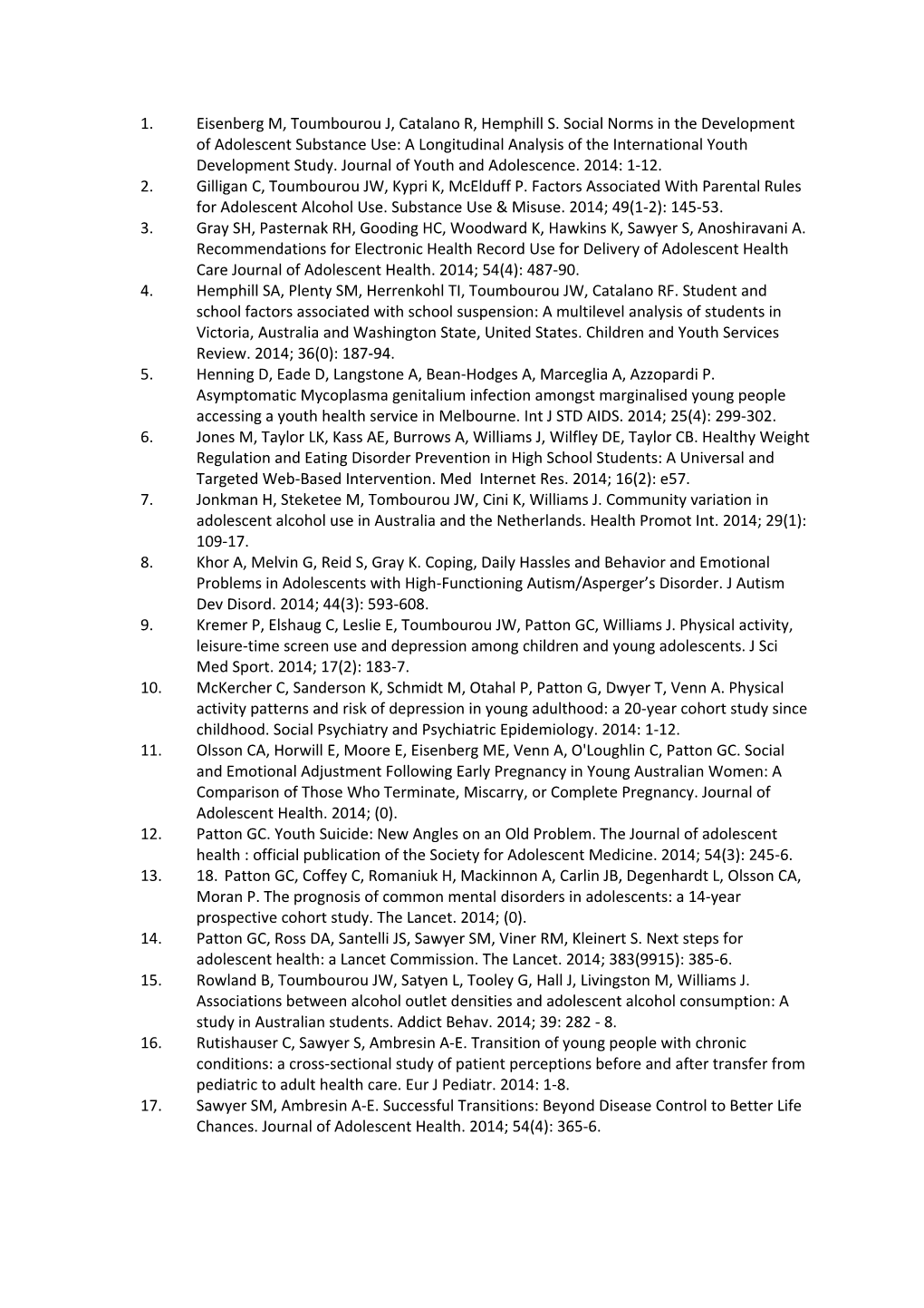 1. Eisenberg M, Toumbourou J, Catalano R, Hemphill S. Social Norms in the Development Of