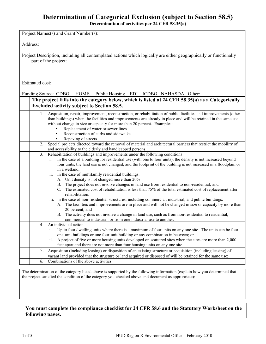 Determination of Categorical Exclusion (Subject to Section 58