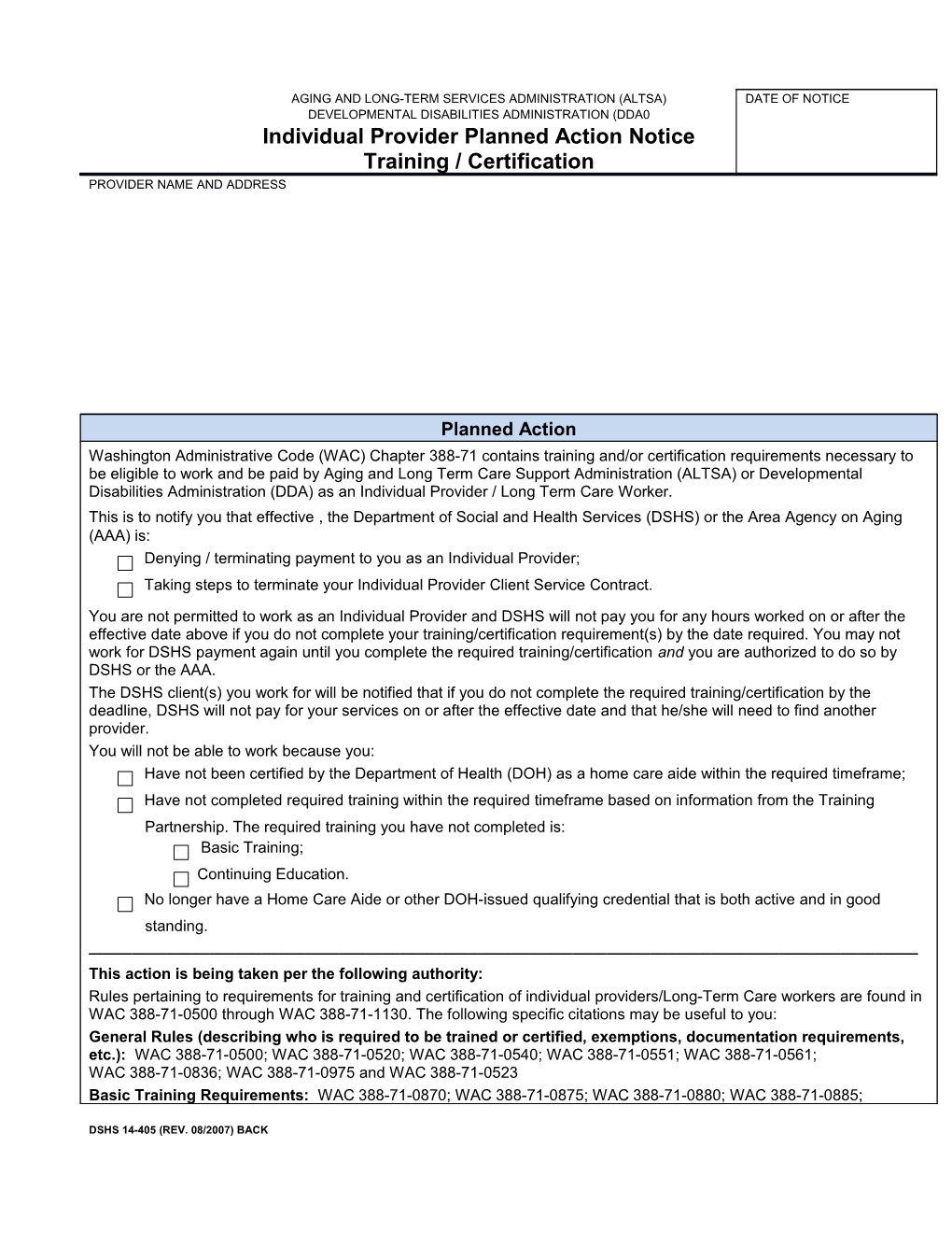 Individual Provider Planned Action Notice Training / Certification