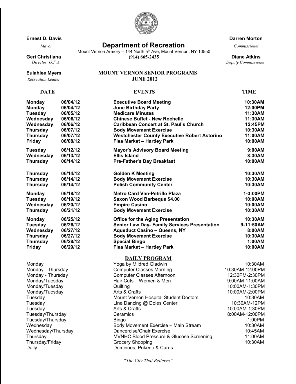 Mount Vernon Armory Seniors Schedule