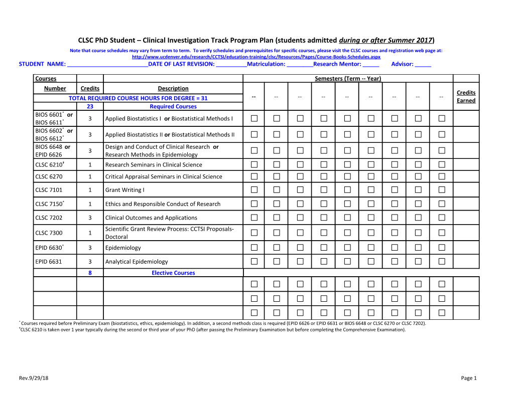 CLSC Phd Student Clinical Investigation Track Program Plan (Students Admitted During Or