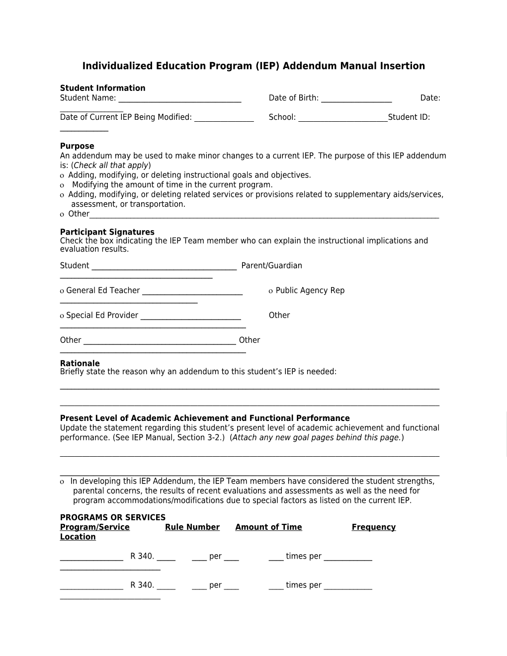 Individualized Education Program (IEP) Addendum Manual Insertion