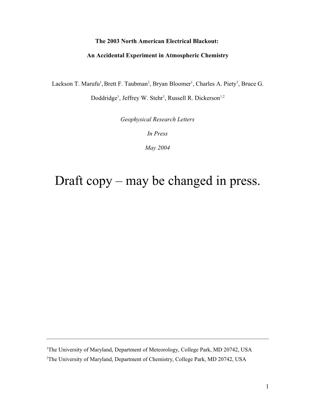 The 2003 Electrical Blackout Over the NE United States: an Accidental Experiment on Air