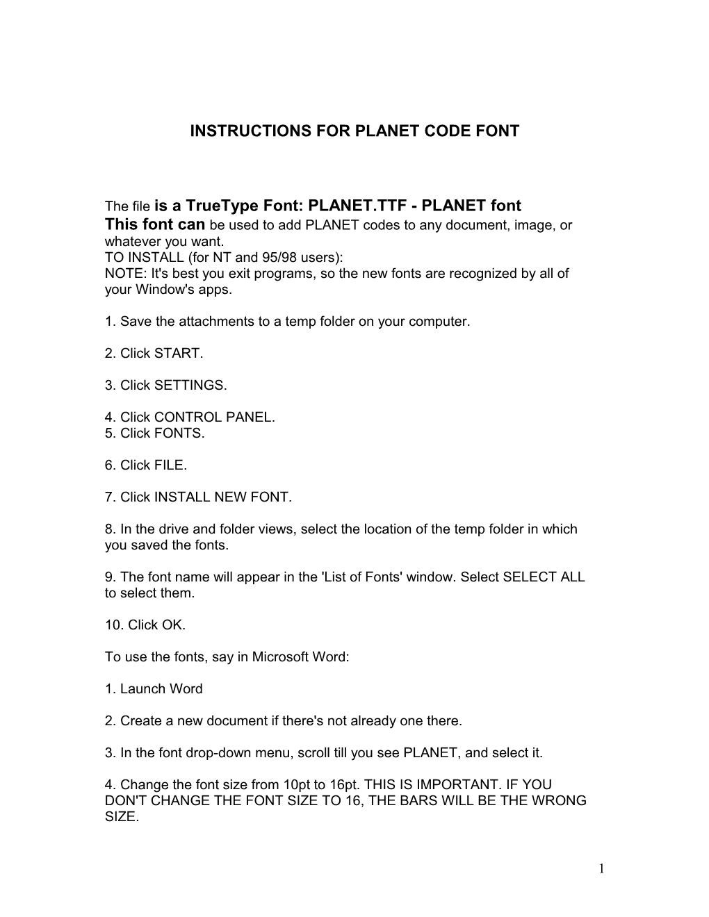 Instructions for Planet Code Font