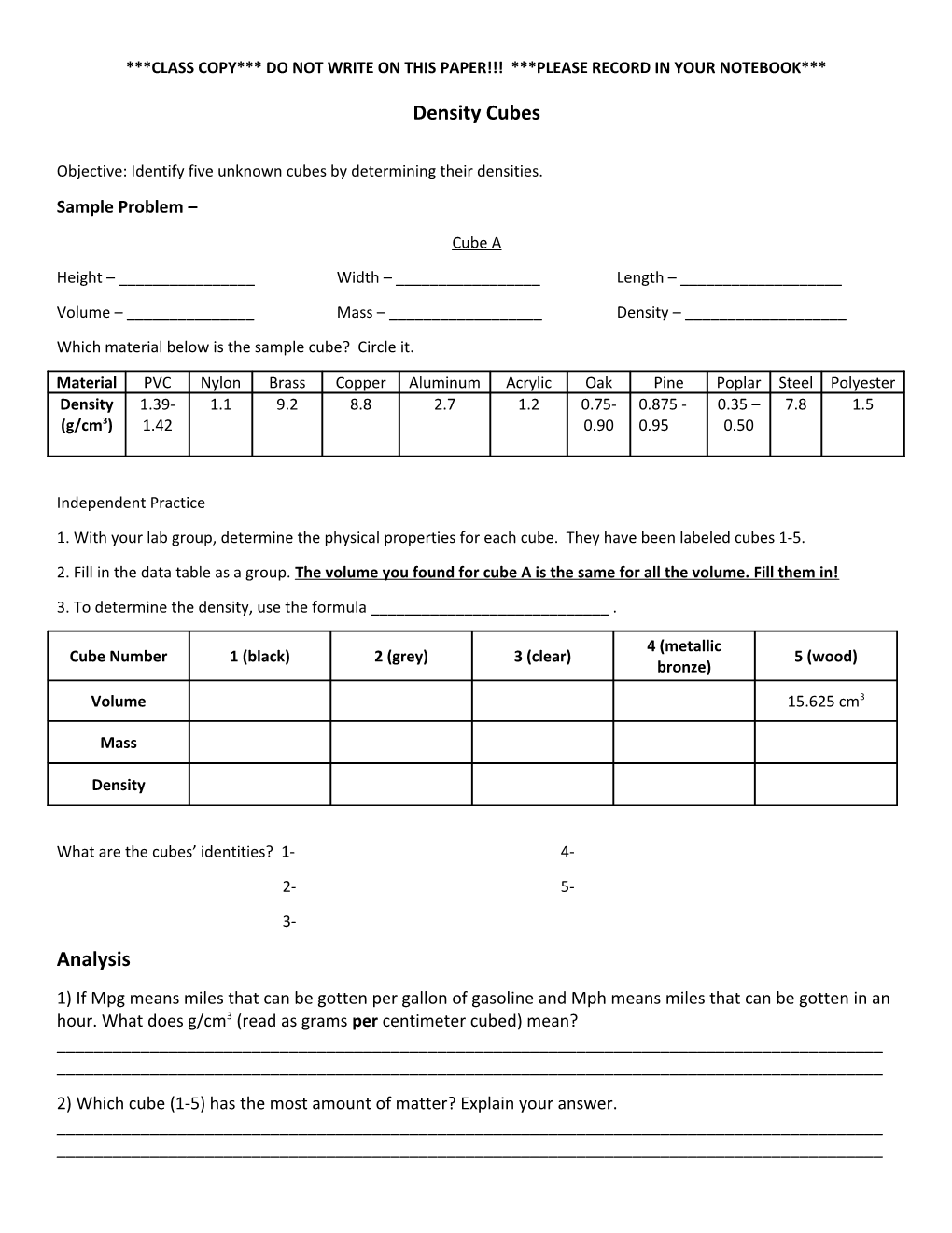 Class Copy Do Not Write on This Paper Please Record in Your Notebook