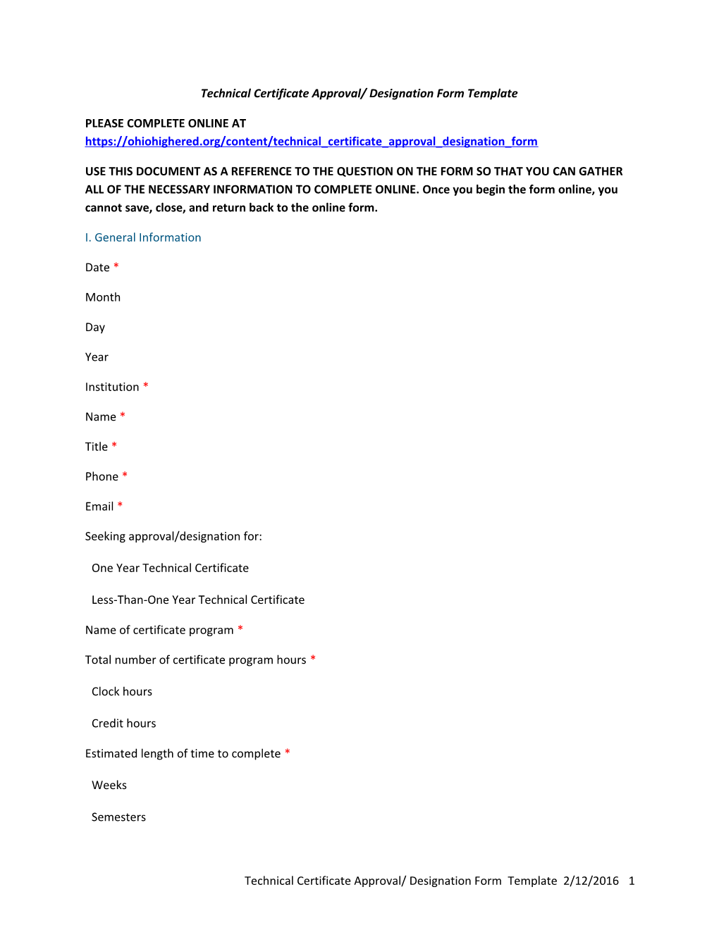 Technical Certificate Approval/ Designation Form Template