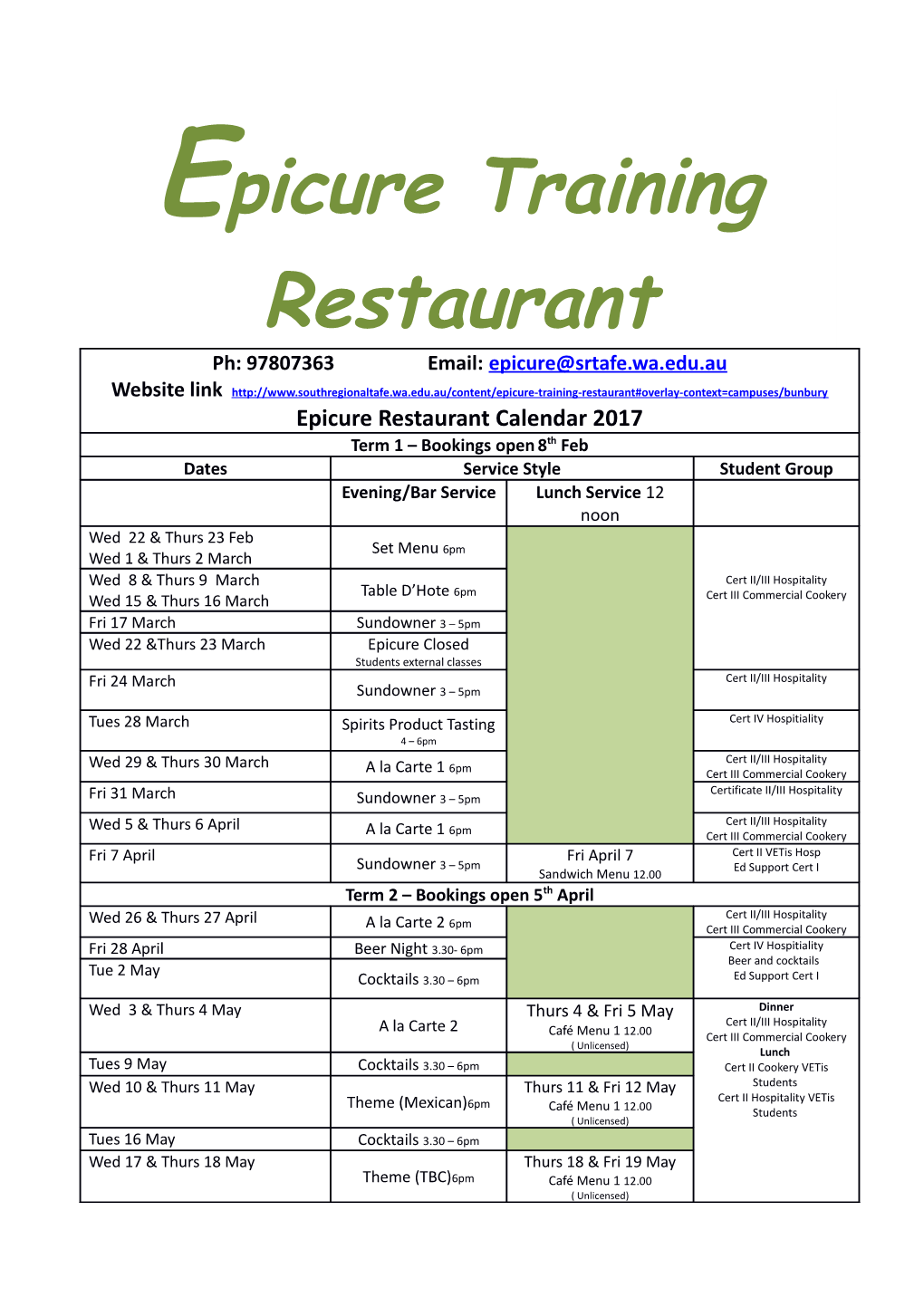 Epicure Training Restaurant