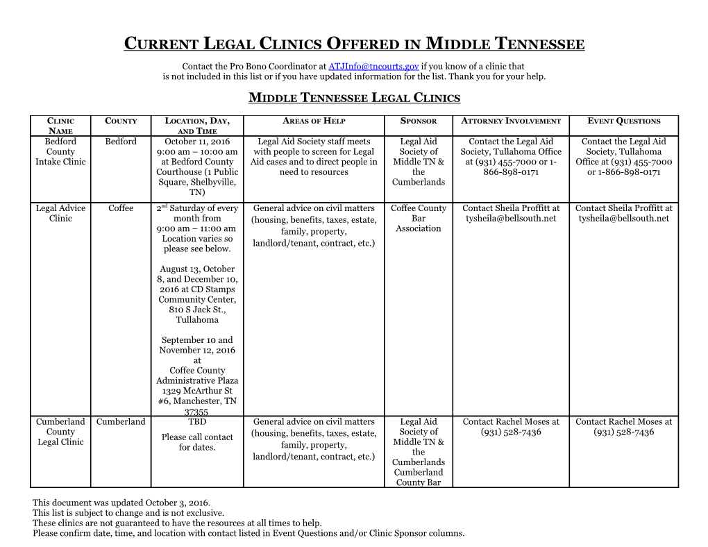 Current Legal Clinics Offered in Middle Tennessee