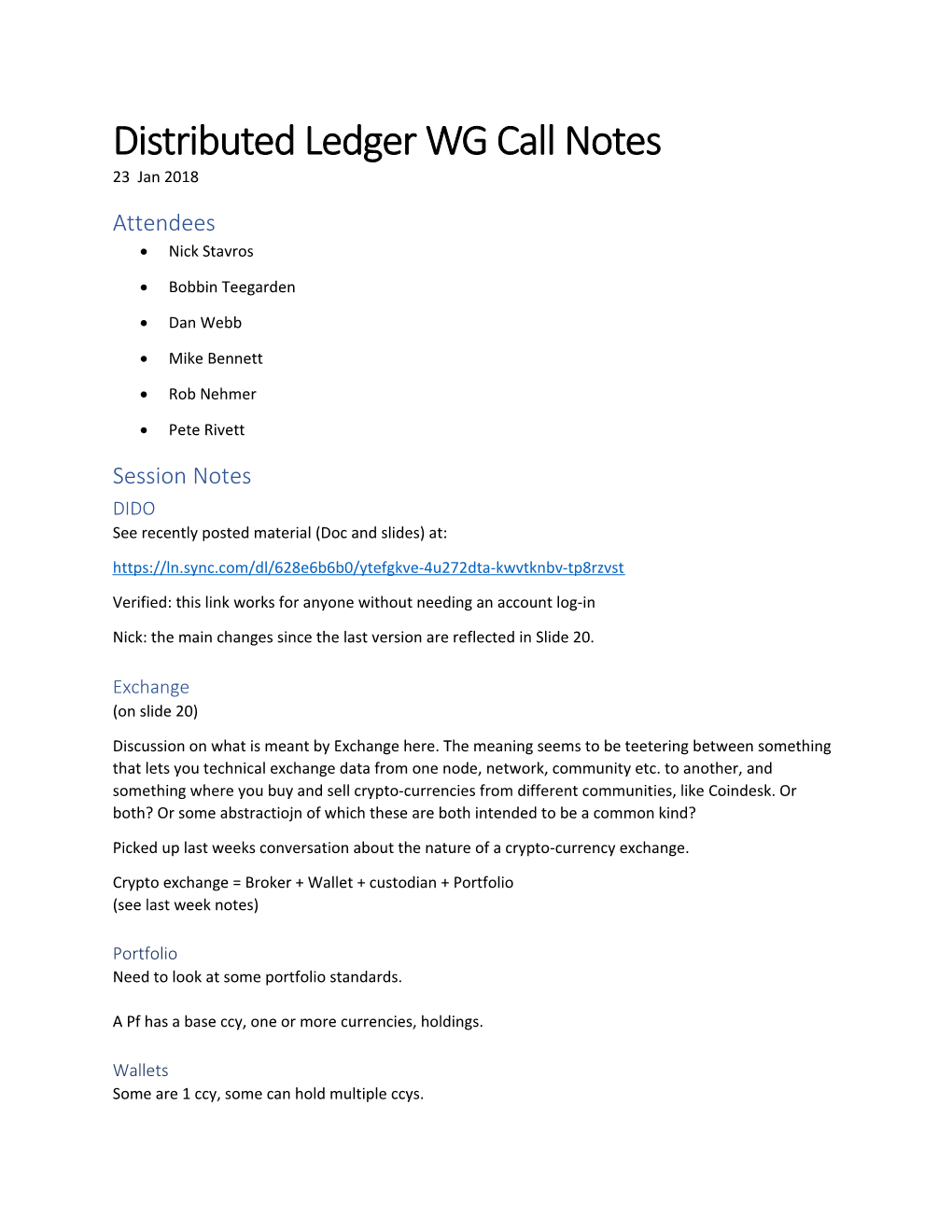 Distributed Ledger WG Call Notes