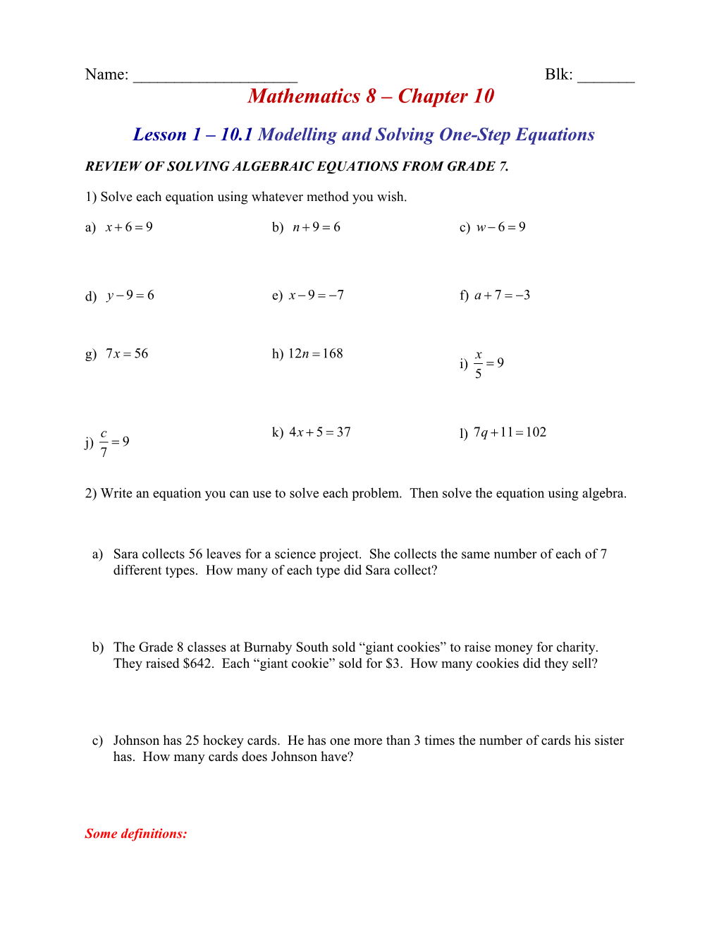 Lesson 1 10.1 Modelling and Solving One-Step Equations