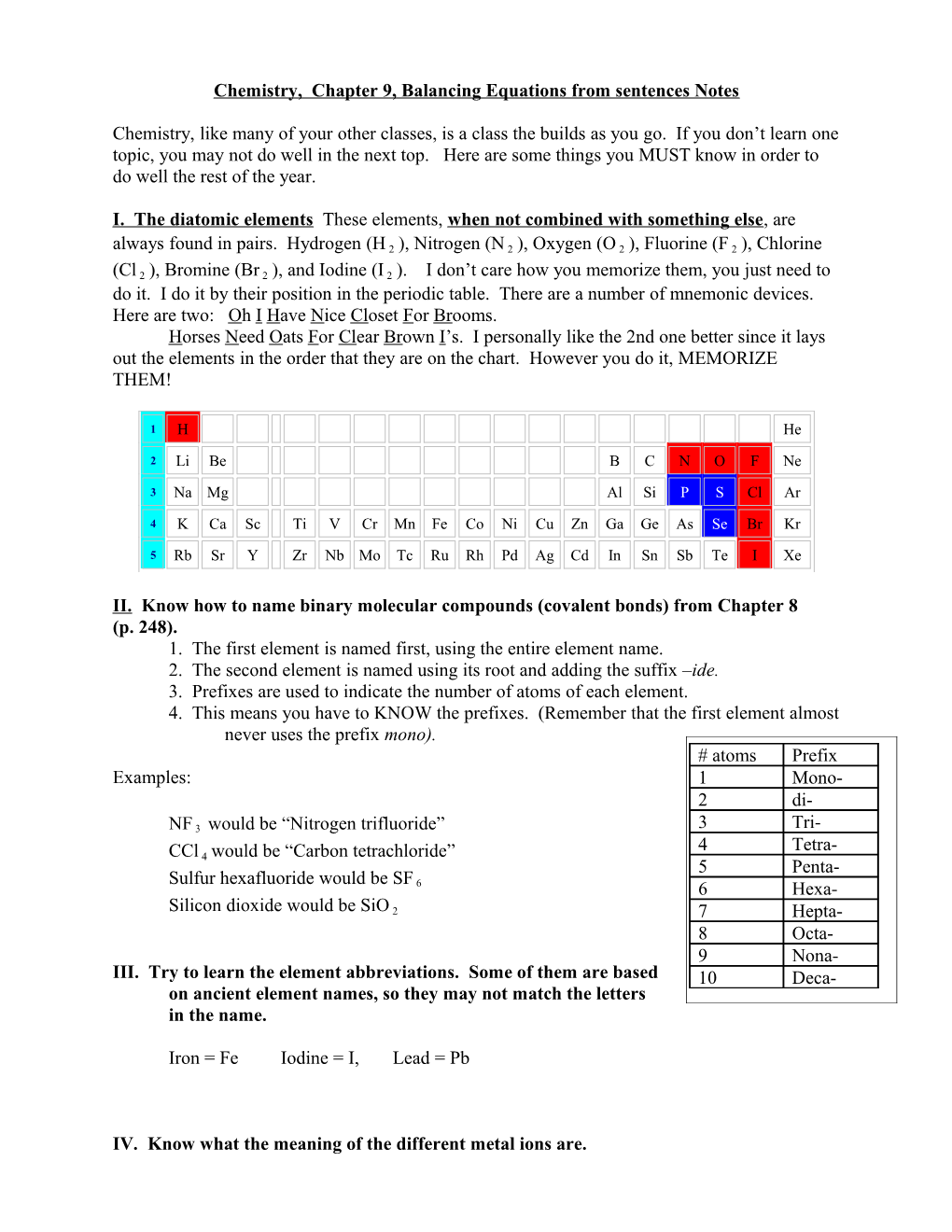 Chemistry, Topic 8, Chapter 9, Balancing Equations from Sentences Notes