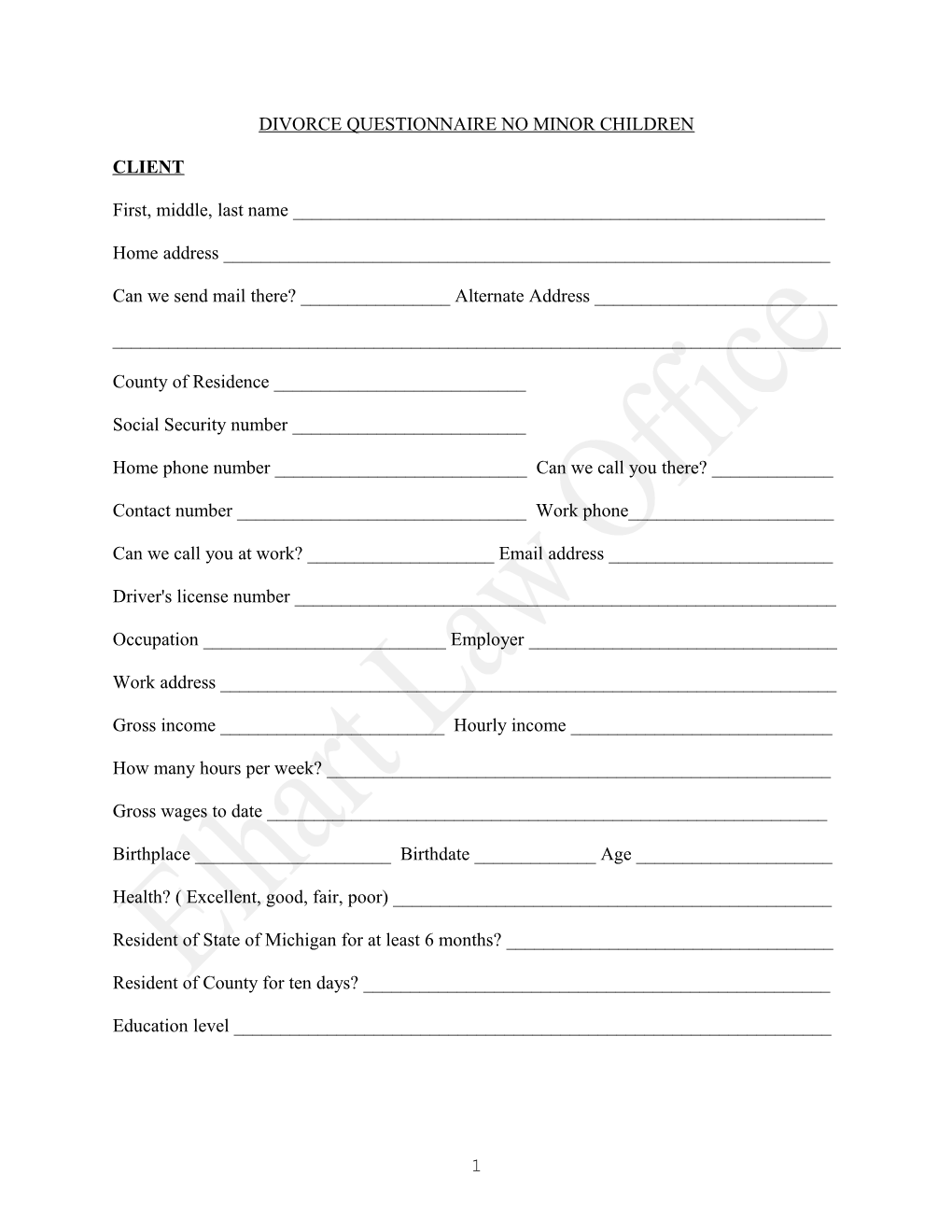 Divorce Questionnaire No Minor Children