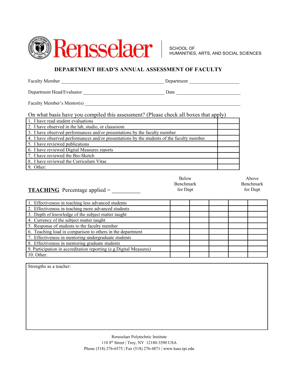 Department Head S Annual Assessment of Faculty