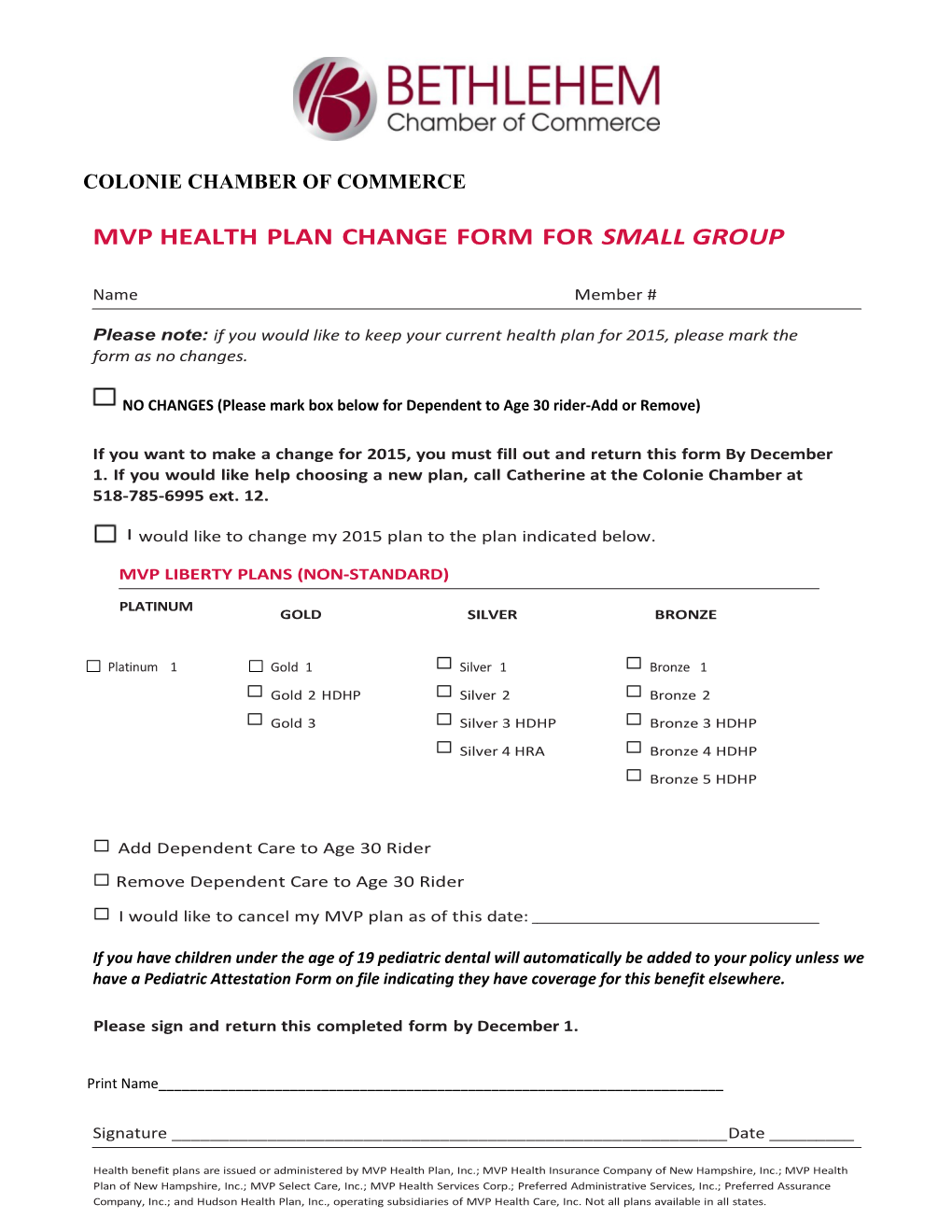 Health Plan Change Form for Small Group
