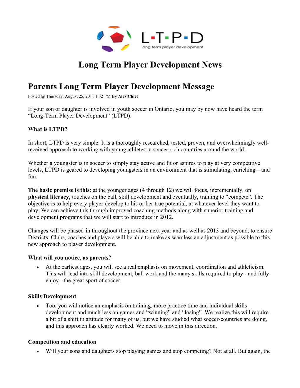 Long Term Player Development News