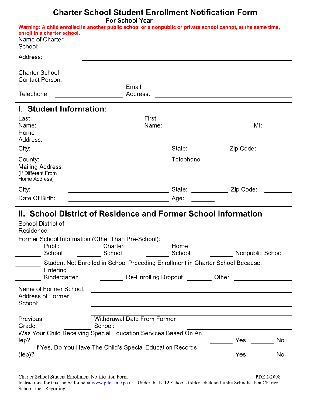 Charter School Student Enrollment Notification Form