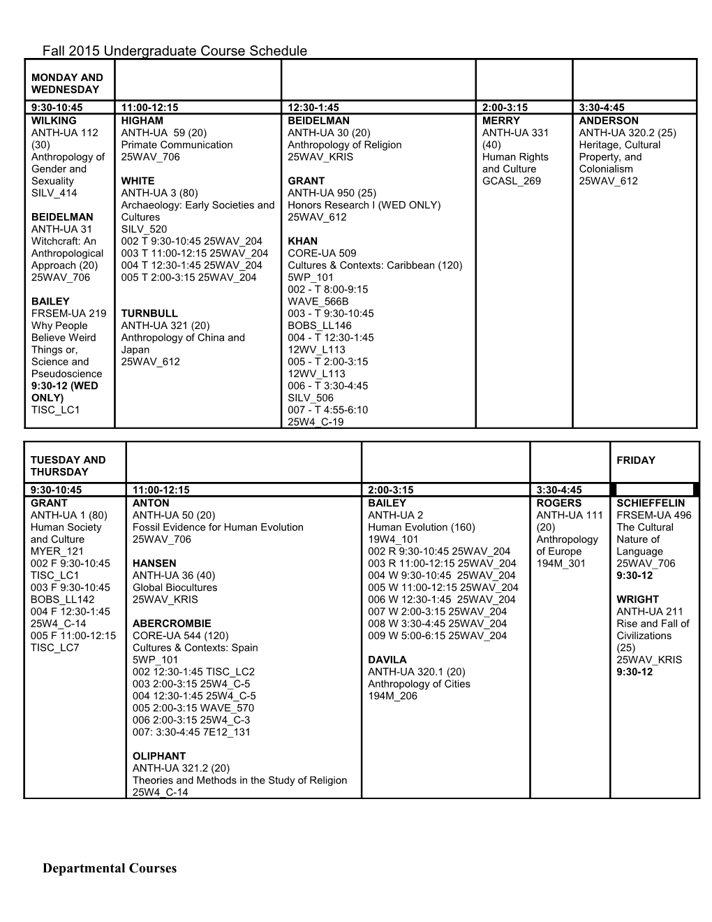 Fall 2015 Undergraduate Course Schedule