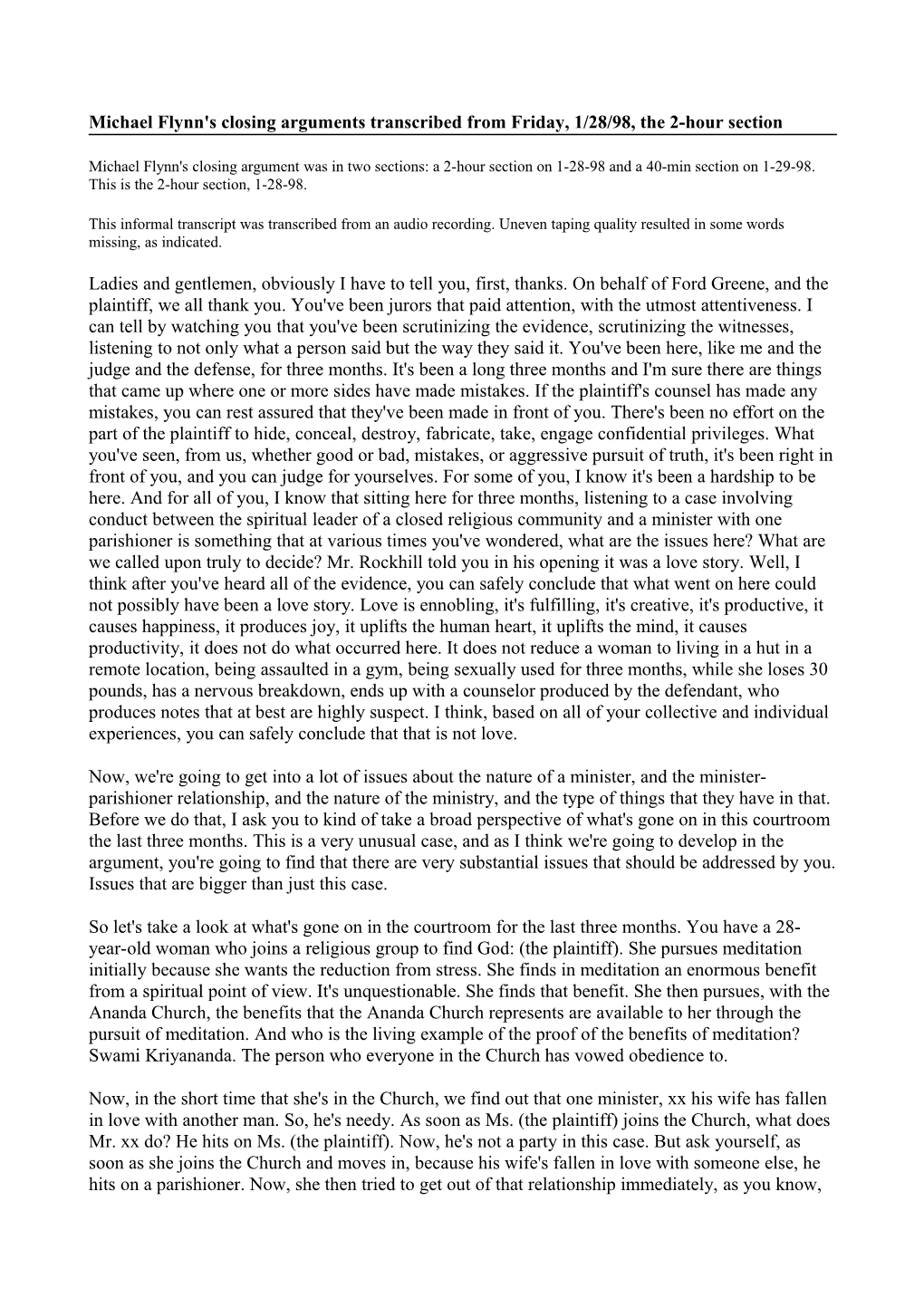 Michael Flynn's Closing Arguments Transcribed from Friday, 1/28/98, the 2-Hour Section