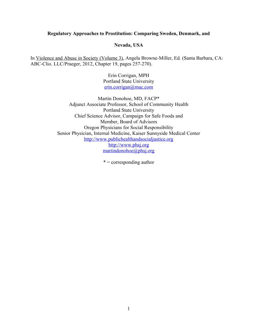 Regulatory Approaches to Prostitution: Comparing Sweden, Denmark, and Nevada, USA