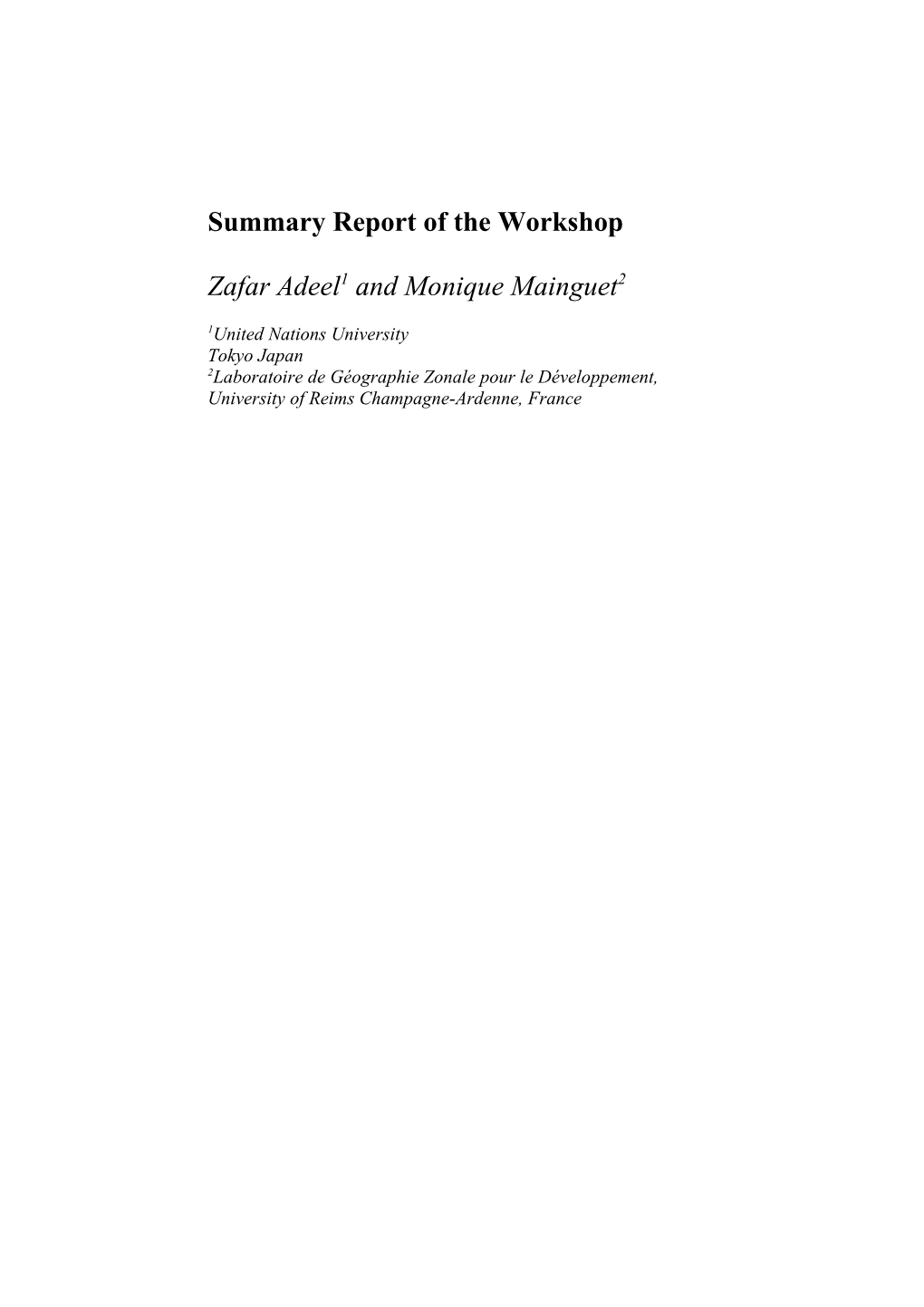 Summary Report of the Workshop