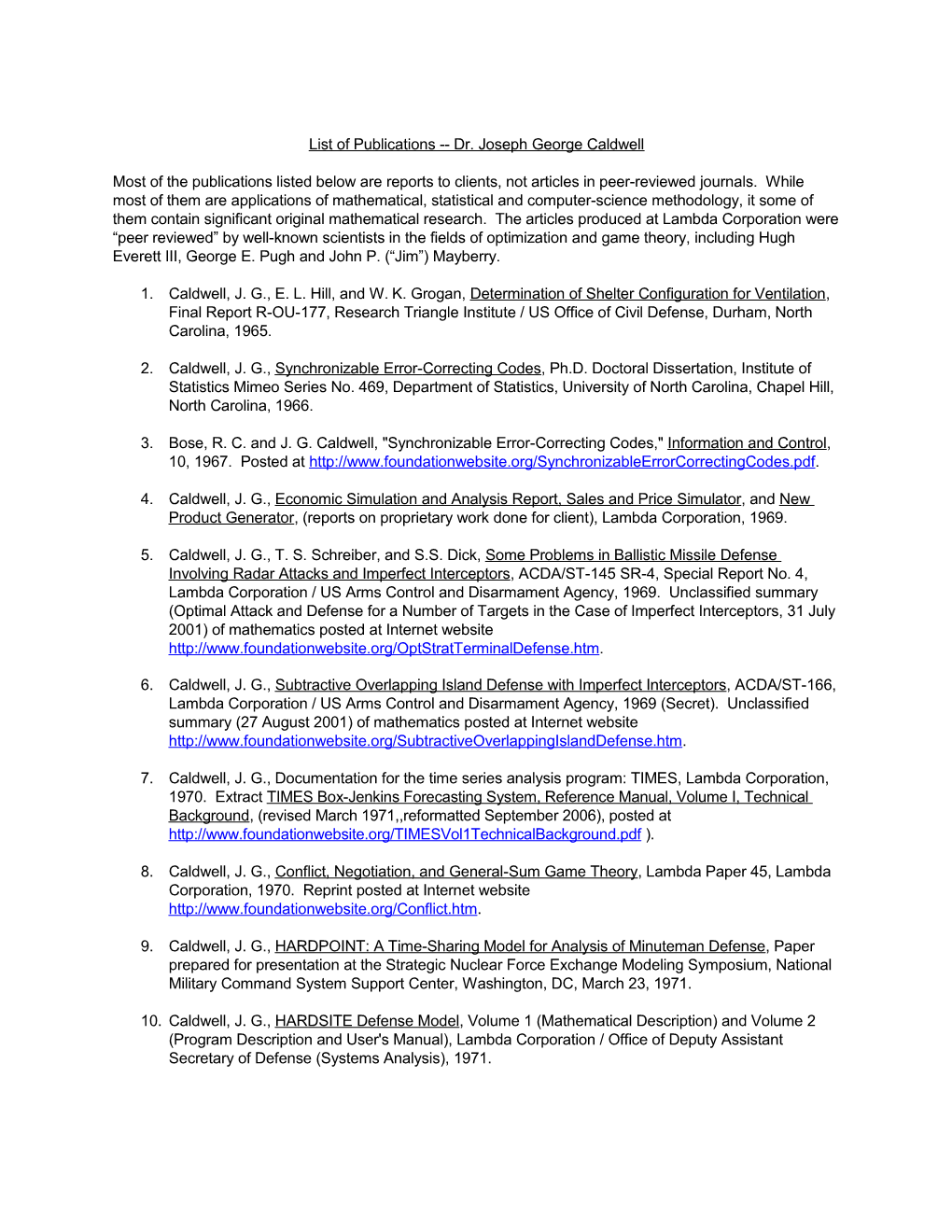 List of Publications Dr. Joseph George Caldwell